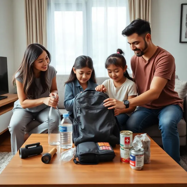 Familia peruana revisando su plan de emergencia en casa